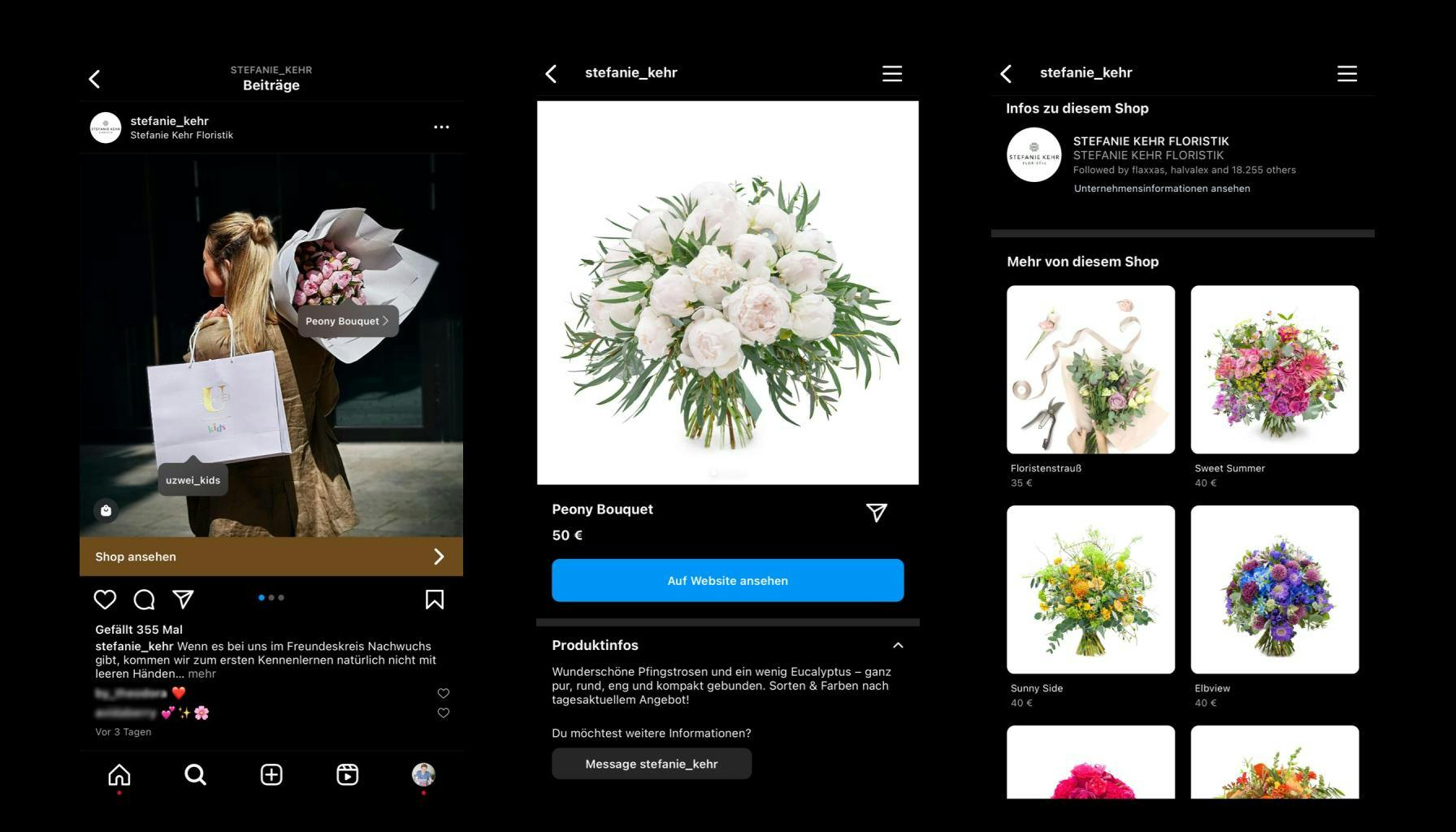 Screenshot 1: Instagram Profil von Stefanie Kehr mit verlinkten Produkten. Screenshot 2: Detaillierte Produktansicht eines Blumenstraußes auf Instagram. Screenshot 3: Übersicht weiterer Produkte im Instagram Shop von Stefanie Kehr.