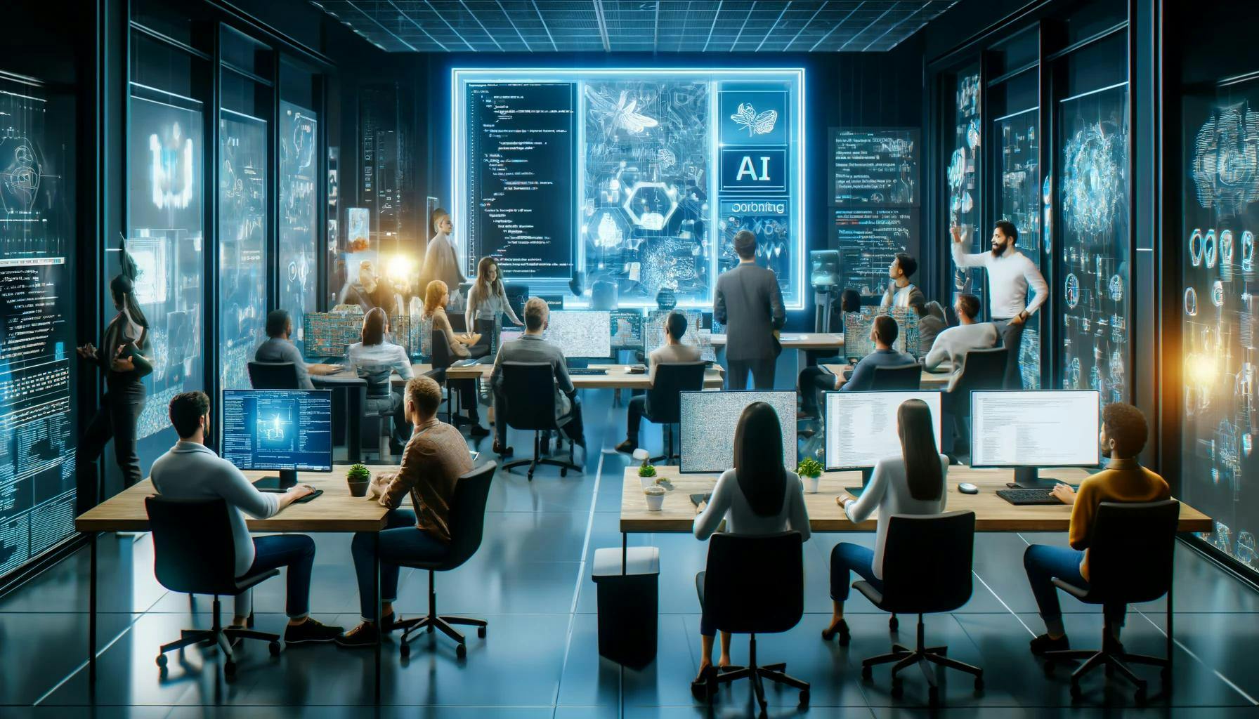 AI generiertes Bild mit vielen Softwareentwickler*innen die vor ihren Bildschirmen sitzen. Sie sitzen in einem futuristischen Raum mit vielen Projektionen Code und Ähnlichem an den Wänden.