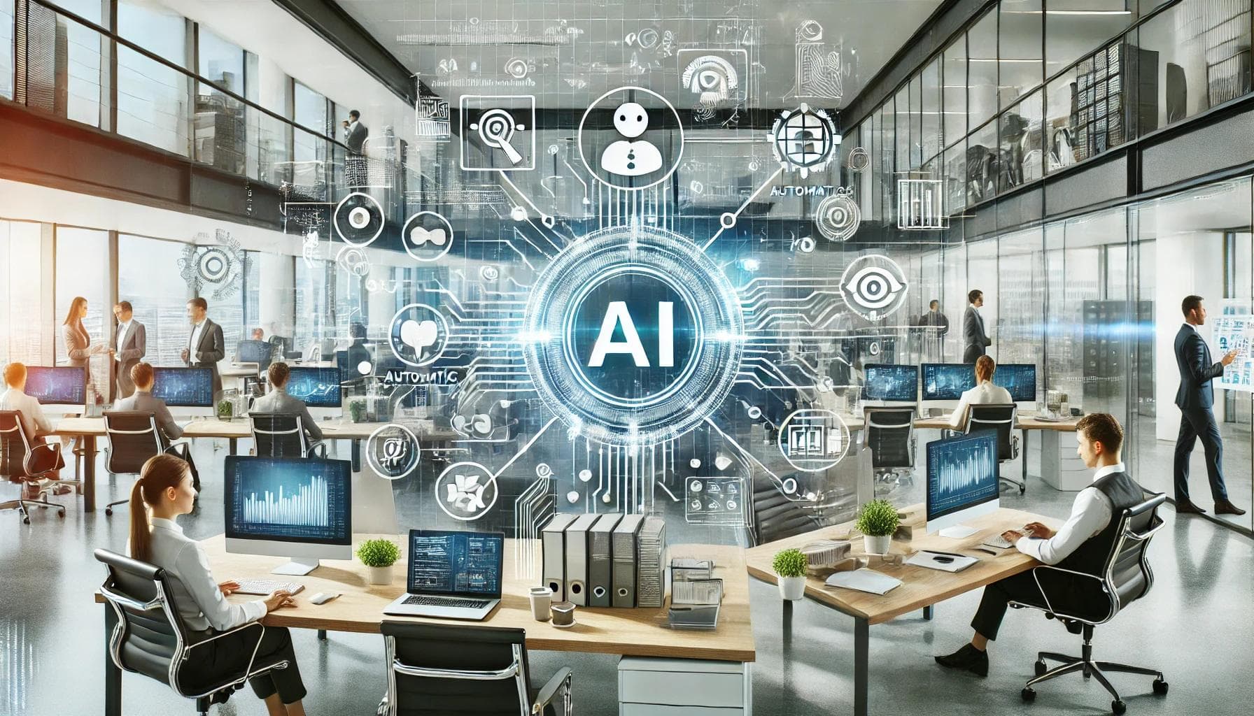 Die Integration von AI in Geschäftsprozesse in einem modernen, professionellen Büro.